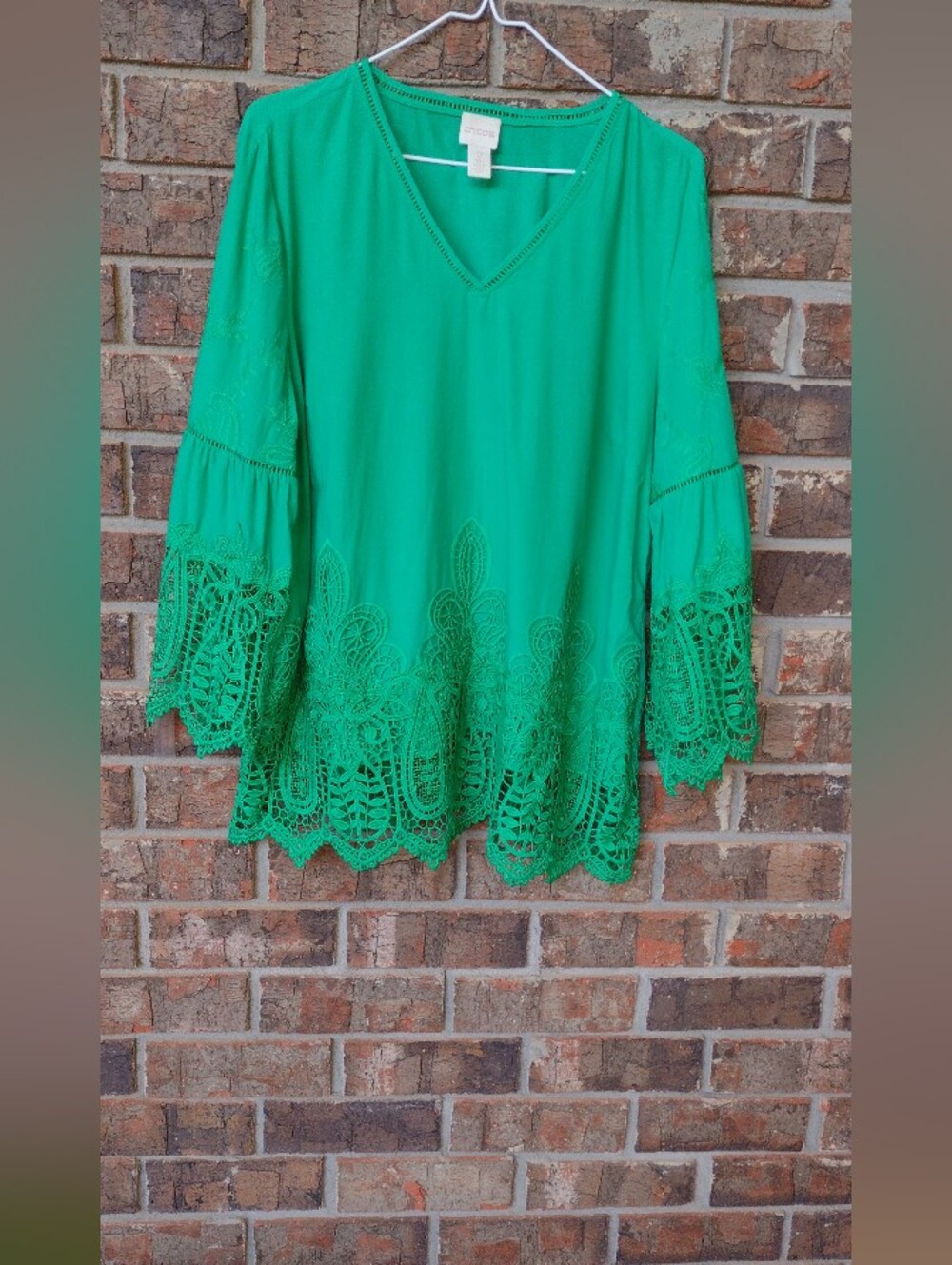 Chico's Size 2(US 12) Crochet Lace Trim V-Neck Tunic Green Boho Peasant